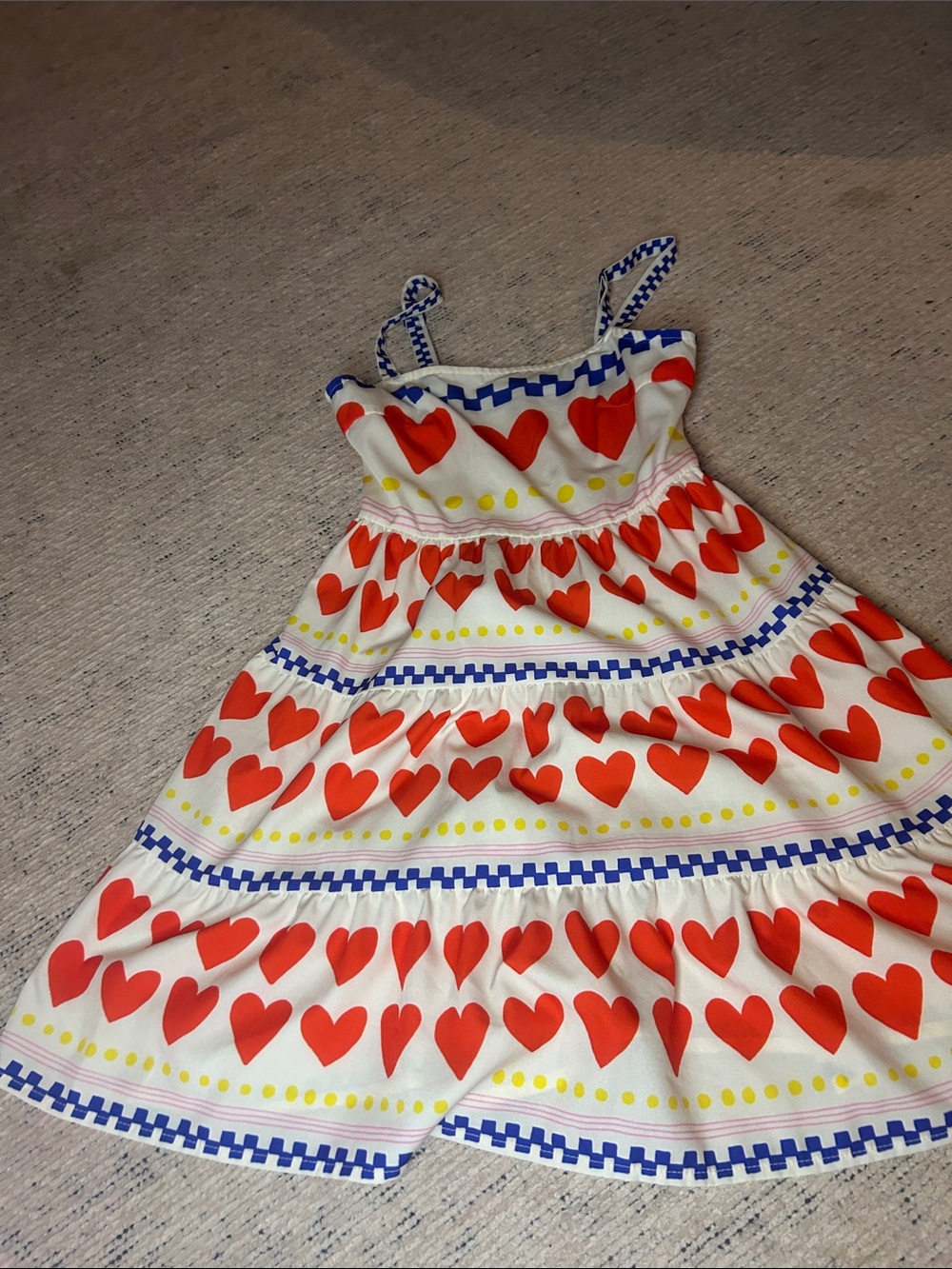 Amazon Girls White Sundress with Red Heart Print and Blue Trim